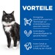 Un chat noir et blanc se tient à côté d'un panneau bleu détaillant les avantages : gestion du poids, santé rénale et haute L-Lysine pour la vitalité.