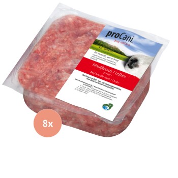 Rohes Rindfleisch verpackt in einem klaren Tablett, beschriftet mit "proCani buy nature", mit deutschem Text, der "Maufleisch / Lefzen" und Nährwertangaben enthält.