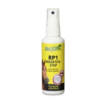 Eine Sprühflasche mit der Aufschrift 'Stiefel RP1 Insekten-Stop' auf gelbem Hintergrund und einem Pferdebild, entworfen als Insektenschutzmittel für Reiter und Pferde.