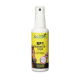 Eine Sprühflasche mit der Aufschrift 'Stiefel RP1 Insekten-Stop' auf gelbem Hintergrund und einem Pferdebild, entworfen als Insektenschutzmittel für Reiter und Pferde.