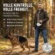 Nahaufnahme eines schlanken ergonomischen Tierpflegewerkzeugs mit einem schwarzen Griff und blauen Akzenten, beschriftet mit "Ergonomischer Handgriff Komfort+".