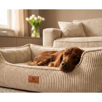 Brauner Hund schläft in einem beigen Cordstoff-Hundebett mit Lederetikett 'KNUFFELWUFF', gemütliche Wohnzimmerszene.