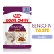 Pochette de nourriture pour chats Royal Canin Sensory Taste, 85g, avec des morceaux en gelée, avec une image d'un chat appréciant la nourriture.