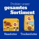 Bild von Pedigree-Hundefutter: gelbe Nassfutterbox "Nassfutter," Trockenfutterbeutel "Trockenfutter," und Text "Probier unser gesamtes Sortiment."