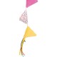 Colorful cat toy featuring three triangular plush shapes in pink, polka-dotted, and yellow, with colorful ribbons and a bell.