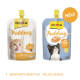 Deux sachets GimCat Pudding : à gauche un chaton orange avec calcium, à droite un noir et blanc, NOUVEAU et fabriqué à partir de 90 % de lait entier.