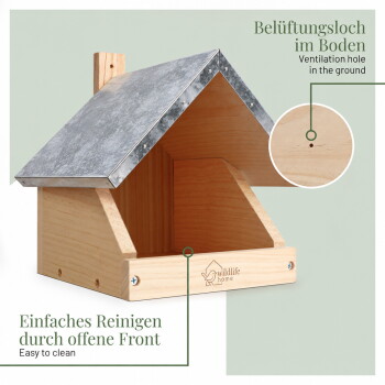 Holz-Vogelhaus mit einem geneigten Dach, Belüftungsloch und offener Front. Text: "Einfaches Reinigen durch offene Front" und "Belüftungsloch im Boden."