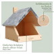 Holz-Vogelhaus mit einem geneigten Dach, Belüftungsloch und offener Front. Text: "Einfaches Reinigen durch offene Front" und "Belüftungsloch im Boden."