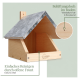 Holz-Vogelhaus mit einem geneigten Dach, Belüftungsloch und offener Front. Text: "Einfaches Reinigen durch offene Front" und "Belüftungsloch im Boden."