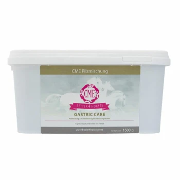 Behälter von 'CME Gastric Care' für Pferde, mit einem weißen Behälter und einem Etikett, das den Produktnamen und die Beschreibung auf Deutsch enthält.