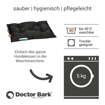 Schwarzes Doctor Bark Hundebett, waschbar bis 95 °C, trocknergeeignet, belastbar bis 5 kg, in Deutschland hergestellt, hygienisch und pflegeleicht.
