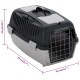 Transportbox für Haustiere in Grau und Schwarz, 35 cm hoch, 55 cm lang und 36 cm breit, mit einer Drahtfronttür und Belüftungsöffnungen.