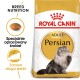 Torba z karmą dla dorosłych kotów perskich Royal Canin z puszystym kotem perskim, z tekstem podkreślającym odżywianie rasy i zdrowe długie włosy.