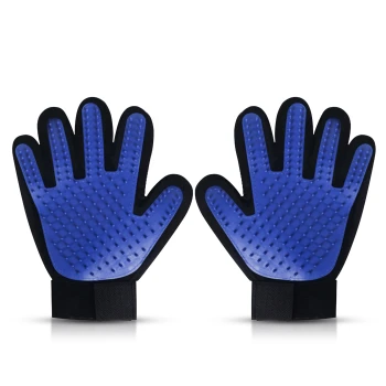Blaue Haustierpflegehandschuhe mit strukturierten Oberflächen, entworfen zum Entfernen von Fell und für eine sanfte Massage.