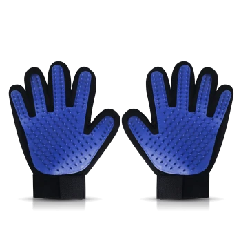 Blaue Haustierpflegehandschuhe mit strukturierten Oberflächen, entworfen zum Entfernen von Fell und für eine sanfte Massage.