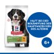 Hill's Science Plan Senior Vitality Hundefuttertüte mit einem glücklichen Berner Sennenhund, mit Text, der die Vorteile für ältere Hunde hervorhebt.