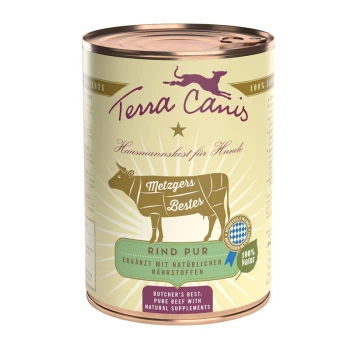Fleisch PUR 6x400g Rind pur Dose Terra Canis Hundefutter, beschriftet mit "Rind Pur", mit einer Kuhgrafik, und dem Text "Butcher's Best: Reines Rindfleisch mit natürlichen Ergänzungen."