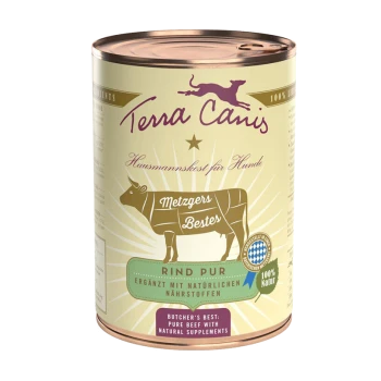 Dose Terra Canis Hundefutter, beschriftet mit "Rind Pur", mit einer Kuhgrafik, und dem Text "Butcher's Best: Reines Rindfleisch mit natürlichen Ergänzungen."
