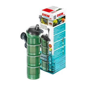 aquaball 180 EHEIM aquaball 180 aquariumfilter in het groen, met een modulair ontwerp, met verpakking die functies en specificaties toont.