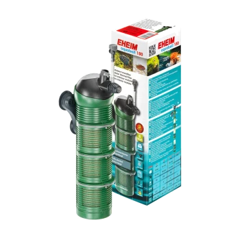 EHEIM aquaball 180 aquariumfilter in het groen, met een modulair ontwerp, met verpakking die functies en specificaties toont.
