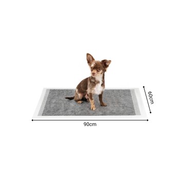 Illustration eines sechs-lagigen Haustierprodukts mit deutschen Beschriftungen für feuchtigkeitsabsorbierend, reißfest, geruchsabsorbierend, schnelltrocknend und auslaufsicher.