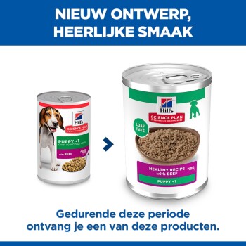 Blikken Hill's Science Plan puppy-natvoer (oud en nieuw ontwerp). Bovenste tekst: 'NIEUW ONTWERP, HEERLIJKE SMAAK'