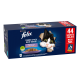 Pack maxi Felix Tender Shreds pour chats avec 44 sachets, sélection mixte en gelée, avec un chat noir et blanc sur la boîte.