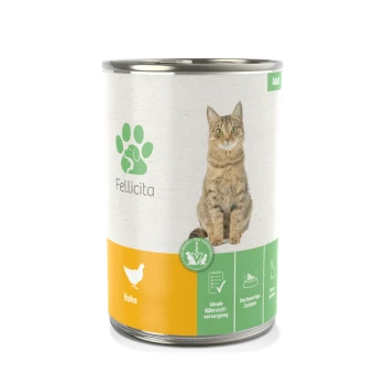 Dose Katzenfutter "Fellicita" mit einer getigerten Katze, beschriftet mit "Huhn" und "Ideale Nährstoffversorgung."