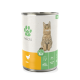 Dose Katzenfutter "Fellicita" mit einer getigerten Katze, beschriftet mit "Huhn" und "Ideale Nährstoffversorgung."