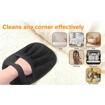 Hand mit schwarzem Tierhaarentferner-Handschuh auf Teppich mit Text „Reinigt jede Ecke effektiv“ und Bildern von Teppich, Betten, Sofa, Kleidung, Autositzen, Haustierbedarf.