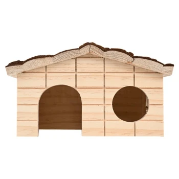 Maison pour animaux en bois avec un toit incliné, comportant deux ouvertures pour l'entrée, conçue pour les petits animaux.