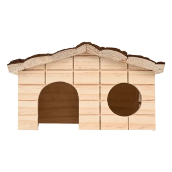 Wooden pet house with a sloped roof, featuring two openings for entry, designed for small animals.