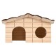 Wooden pet house with a sloped roof, featuring two openings for entry, designed for small animals.