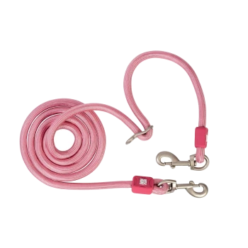 Pink verstellbare Hundeleine mit Metallclips und kleinem pinkfarbenem Anhänger auf weißem Hintergrund.