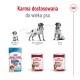 Opakowanie karmy dla psów Royal Canin pokazujące trzy kategorie wiekowe: "Szczeniak", "Dorosły" i "Starzejący się" dla psów w różnych etapach życia.