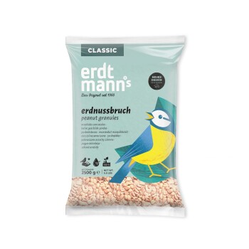 Tüte Erdtmann's Classic Erdnussgranulat für Vögel, 2500g, mit einer blauen und gelben Vogelillustration.