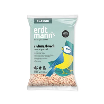 Tüte Erdtmann's Classic Erdnussgranulat für Vögel, 2500g, mit einer blauen und gelben Vogelillustration.