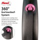 Flexi 360° Gurtlauf-System für Haustierleinen, mit einem pinken Knopf und einem schwarzen Riemen, mit Text, der die Funktionalität erklärt.