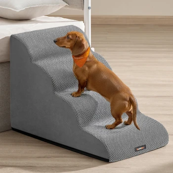 Brauner Dackel mit orangefarbener Bandana klettert graue strukturierte Haustiertreppe neben einem Bett hinauf.
