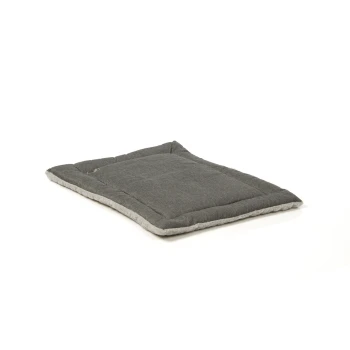 Graues Haustierbett mit einem gesteppten Design und einem weichen, hellgrauen Rand, geeignet für Hunde oder Katzen.