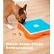 Ein Hund spielt mit einem bunten Leckerli-Puzzle-Spielzeug, mit Futter, das in der Nähe verstreut ist. Text: "Hunde lieben dieses Denkspielzeug!"