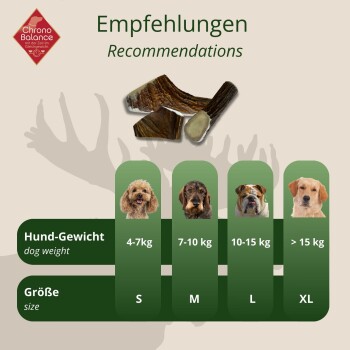 Bild zeigt Empfehlungen für Hundeleckereien mit vier Hunderassen und Größen: S (4-7 kg), M (7-10 kg), L (10-15 kg), XL (>15 kg).