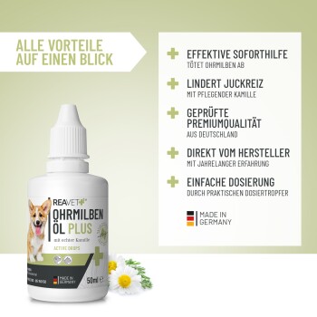 REAVET Ohrmilben Öl Plus für Haustiere: mit Kamille angereichert, wirksam gegen Ohrmilben, beruhigend, einfache Dosierung. Hergestellt in Deutschland.