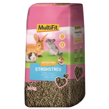 A 24kg bag of MultiFit straw litter featuring images of a rabbit, guinea pig, chinchilla, and hamster, with text in multiple languages.