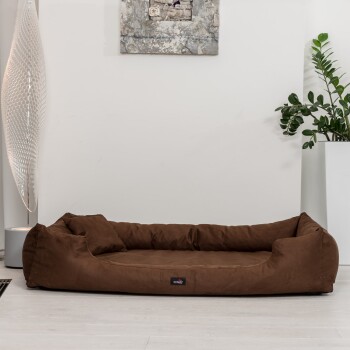 Querschnitt des tierlando® Premium Visco Memory Foam Haustierbettes, zeigt M-L (6 cm) und XL-XXL (9 cm) Höhen mit beschrifteten Schichten auf Deutsch.