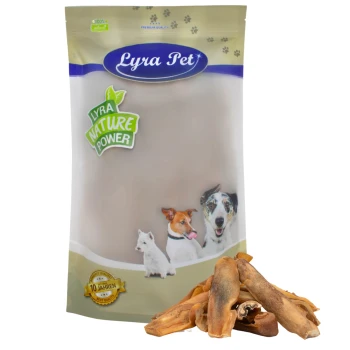 Lyra Pet Hundeleckerlipackung mit drei Hunden auf der Vorderseite, beschriftet 'Lyra Nature Power', mit einem Haufen Leckerlis davor.