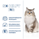 Eine flauschige Katze sitzt vor einem blauen Hintergrund mit Text zu den Vorteilen: unterstützt Knorpel, schlanke Muskulatur und Immunität.