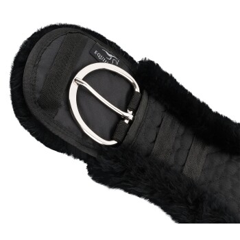 Schwarzer Reitgurt mit einer weichen, flauschigen Fütterung und einer silbernen Schnalle, ausgestattet mit elastischen Riemen für eine sichere Befestigung.