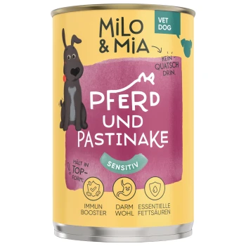 Dosenfutter für Hunde "Milo & Mia" mit einem Cartoon-Hund, beschriftet mit "Pferd und Pastinake Sensitiv" und Symbolen für Gesundheitsvorteile.