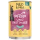 Dosenfutter für Hunde "Milo & Mia" mit einem Cartoon-Hund, beschriftet mit "Pferd und Pastinake Sensitiv" und Symbolen für Gesundheitsvorteile.